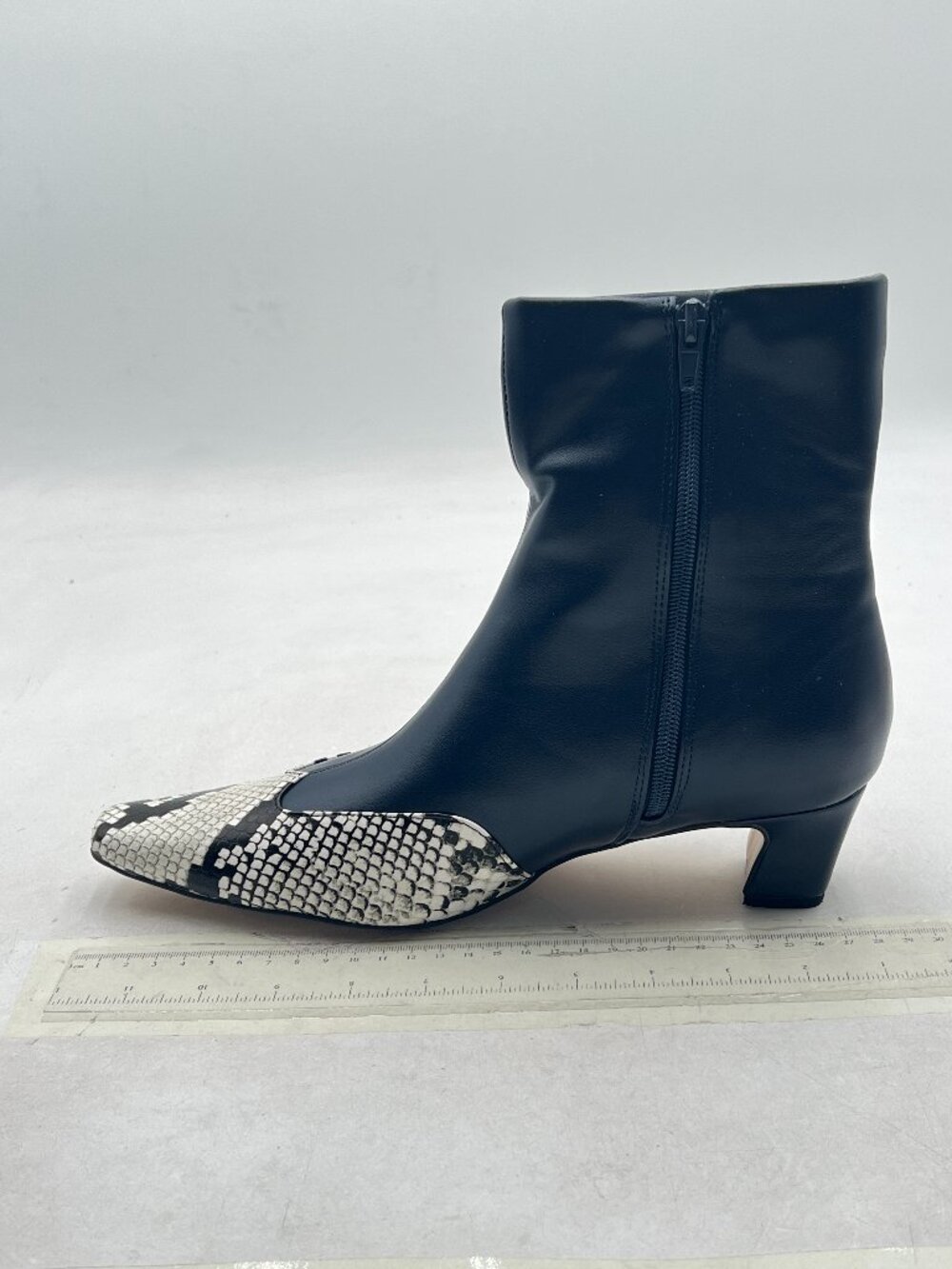 Black Women's Ankle Boots Square Toe Chunky Heel snake pattern Patchwork Boots